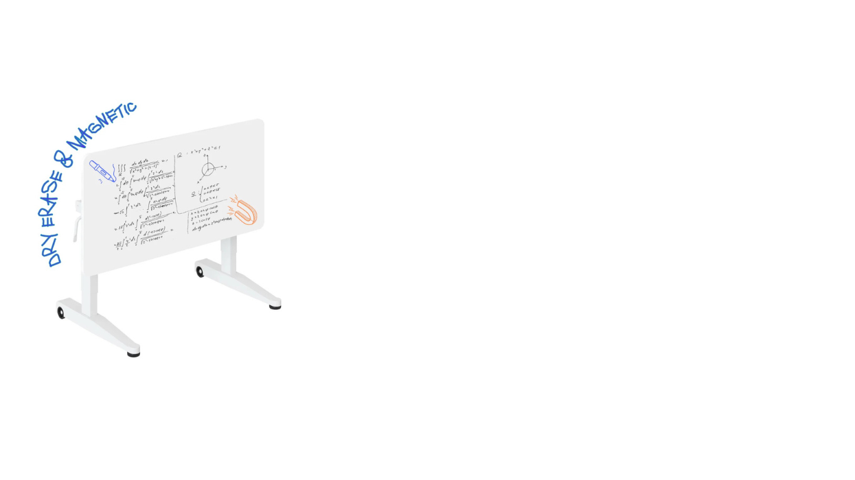 White dry erase board with magnetic strips on a white background